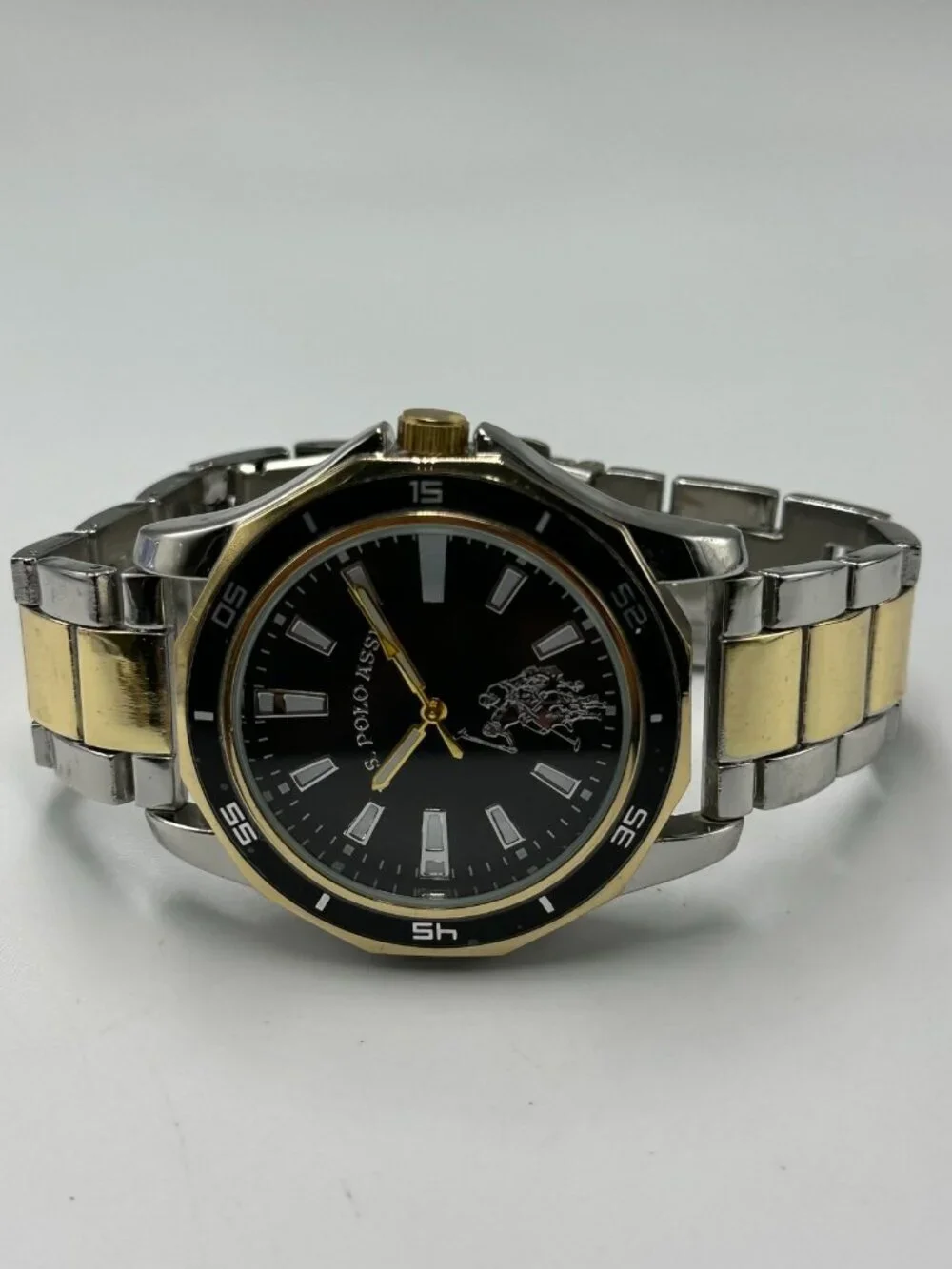 US Polo Assn Watch Mens Silver Gold Two Tone Black Dial 4New Battery 8.25 Inch